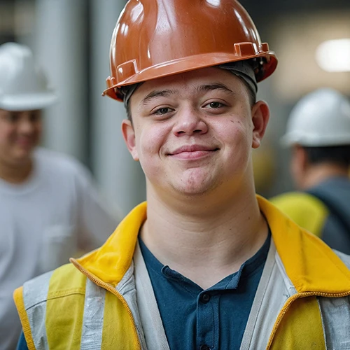 Young Man with down Syndrome Working in Industrial Factory