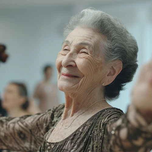 elderly women stand and dance 