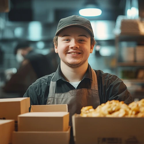 Cheerful young Down Syndrome waiter working in take away restaurant