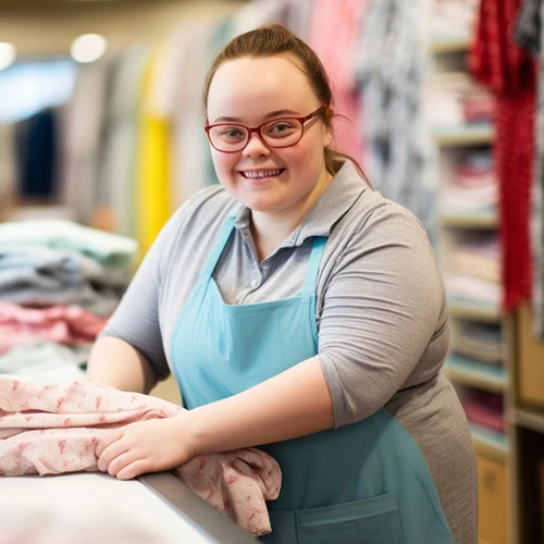 Young woman with Down syndrome working in fabric store