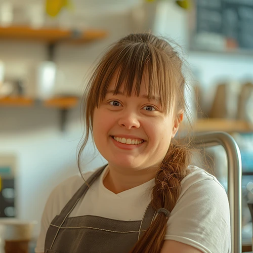 Closeup portrait of a smiling coffee shop female employee 